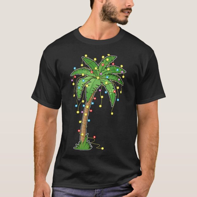 Christmas Lights Palm Tree Beach Funny Tropical Xm T-Shirt (Front)