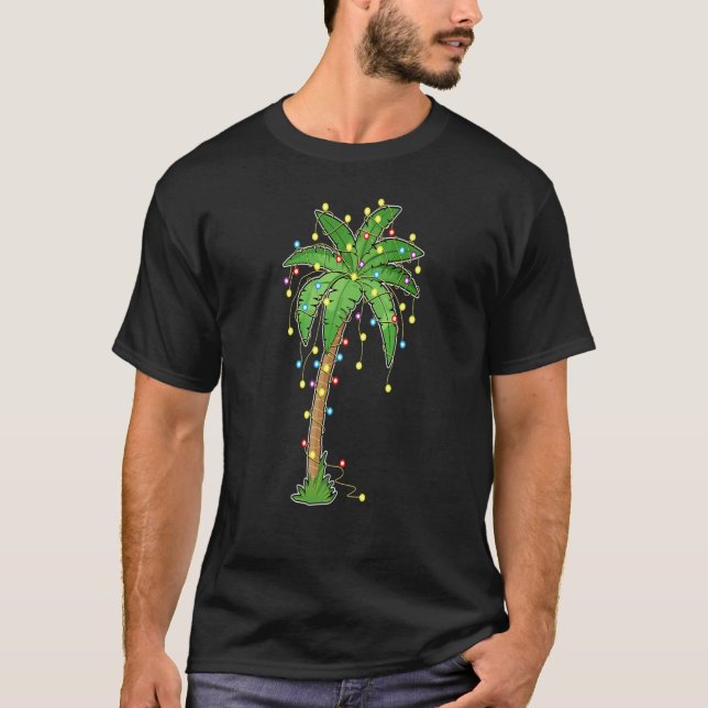 Christmas Lights Palm Tree Beach Funny Tropical Xm T-Shirt (Front)