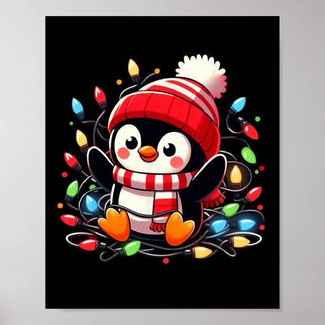 Christmas Lights Penguin Wearing Xmas Hat Penguin  Poster (Front)