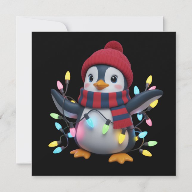 Christmas Lights Penguin Wearing Xmas Hat Penguins Holiday Card (Front)