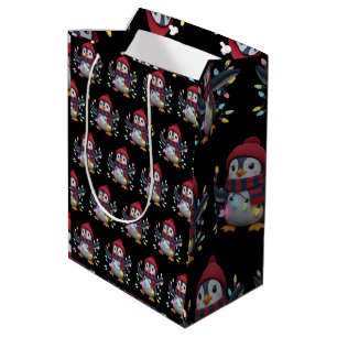 Christmas Lights Penguin Wearing Xmas Hat Penguins Medium Gift Bag