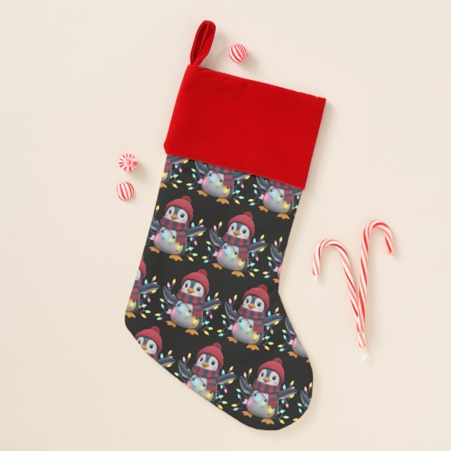 Christmas Lights Penguin Wearing Xmas Hat Penguins Stocking (Front)