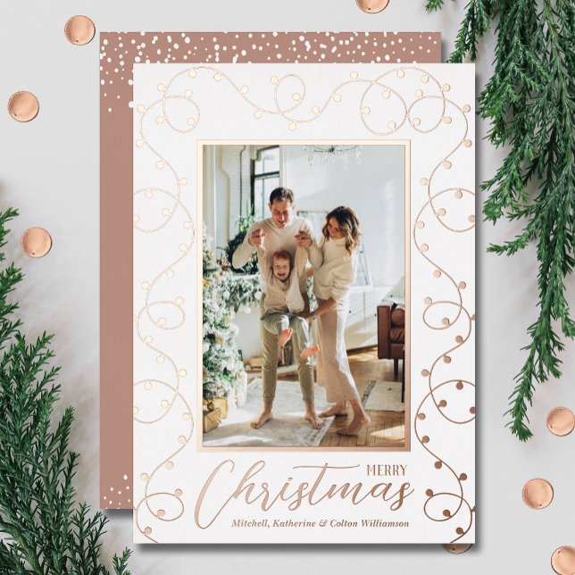 Christmas Lights Photo Foil Holiday Card (Rose gold foil Christmas lights photo holiday cards)