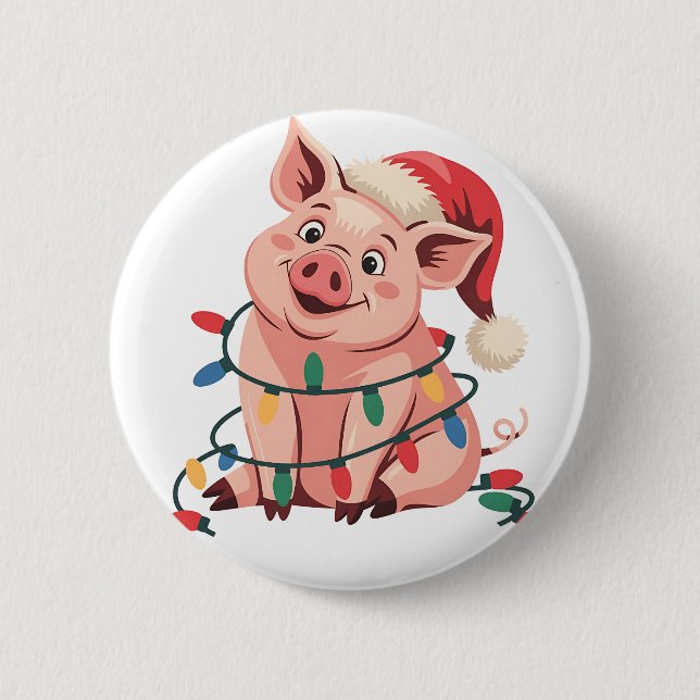 Christmas Lights Pig Wearing Xmas Hat - Pig Lover Button (Front)