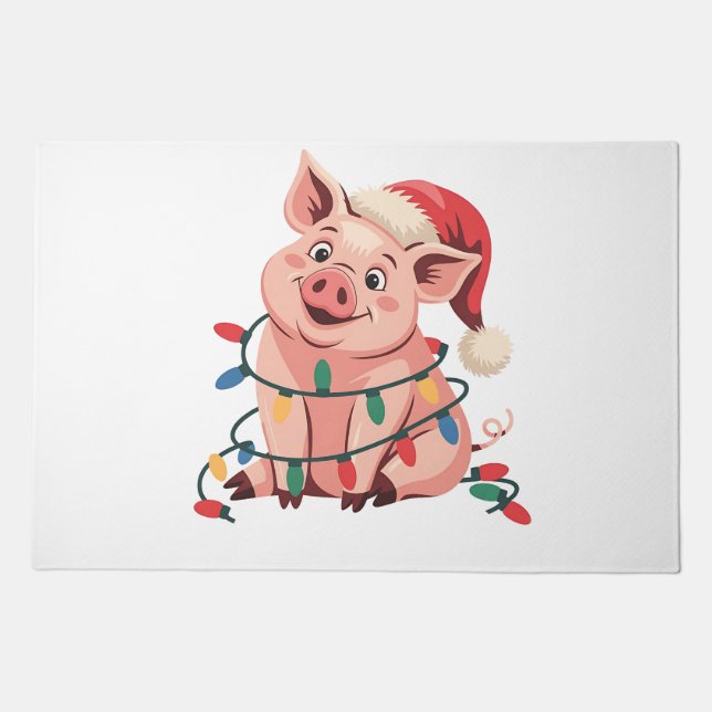 Christmas Lights Pig Wearing Xmas Hat - Pig Lover Doormat (Front)
