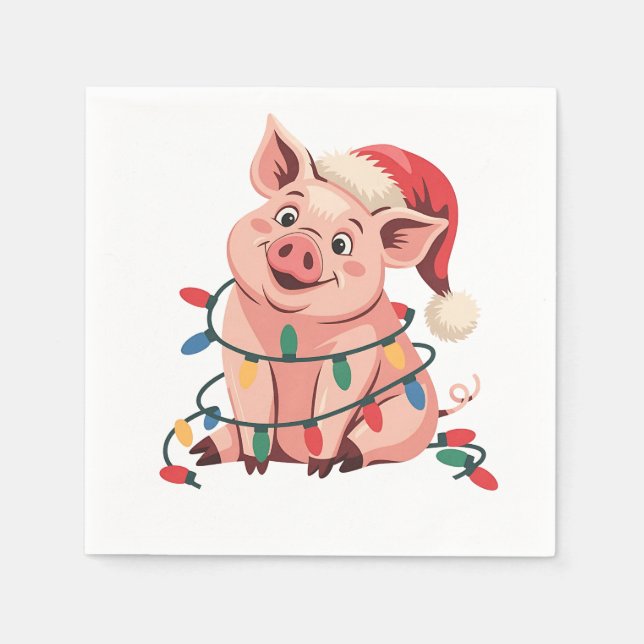 Christmas Lights Pig Wearing Xmas Hat - Pig Lover Napkins (Front)