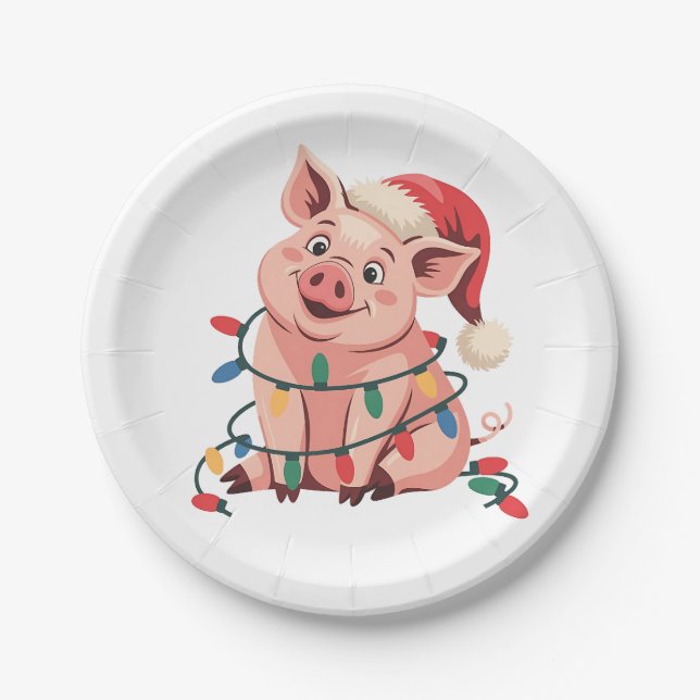 Christmas Lights Pig Wearing Xmas Hat - Pig Lover Paper Plates (Front)