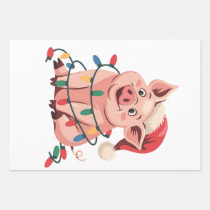 Christmas Lights Pig Wearing Xmas Hat - Pig Lover Wrapping Paper Sheets