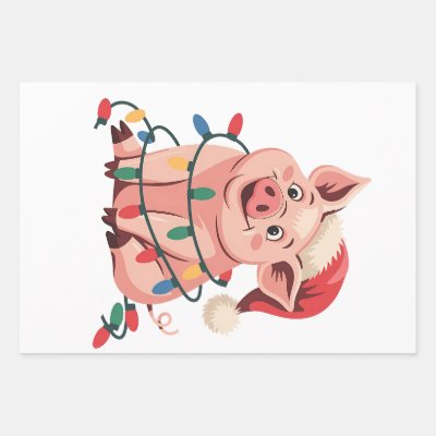 Christmas Lights Pig Wearing Xmas Hat - Pig Lover Wrapping Paper Sheets