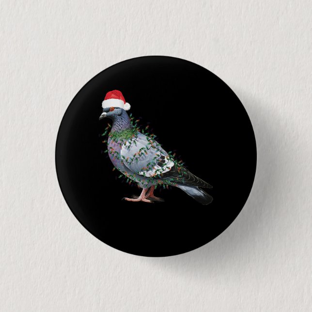 Christmas Lights Pigeon Wearing Xmas Santa Hat Pig Button (Front)
