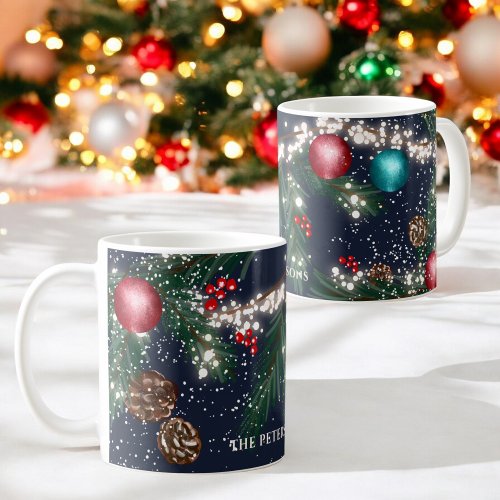 Christmas lights pine branches snow blue festive coffee mug