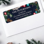 Christmas lights pine branches snow blue festive label<br><div class="desc">This elegant return address label features a festive pine garland design adorned with red and teal ornaments, pinecones, and twinkling lights, set against a rich navy blue background. Perfect for adding a touch of holiday cheer to your Christmas cards, invitations, or packages. Personalize with your family name and address for...</div>