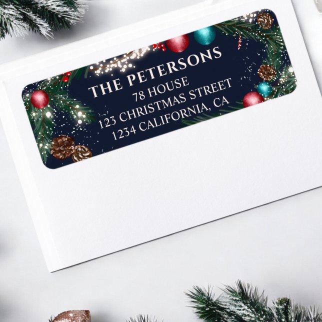 Christmas lights pine branches snow blue festive label (Christmas lights pine branches snow blue festive label)