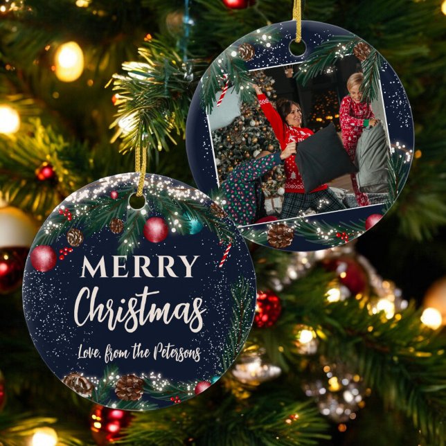 Christmas lights pine branches snow blue photo ceramic ornament (Christmas lights pine branches snow blue photo ceramic ornament)