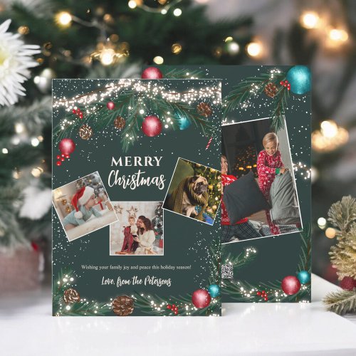 Christmas lights pine branches snow green 4 photos holiday card