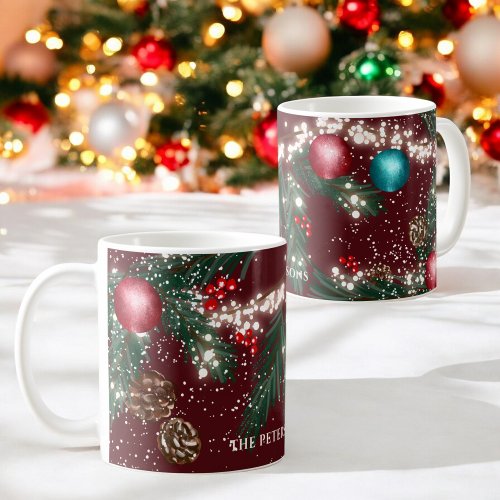 Christmas lights pine branches snow red festive coffee mug