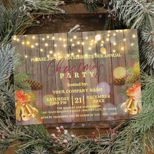 Christmas Lights Pine Cones Bells on Rustic Wood Invitation