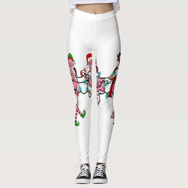 Christmas Lights Pink Flamingo Santa Hat Holiday X Leggings (Front)