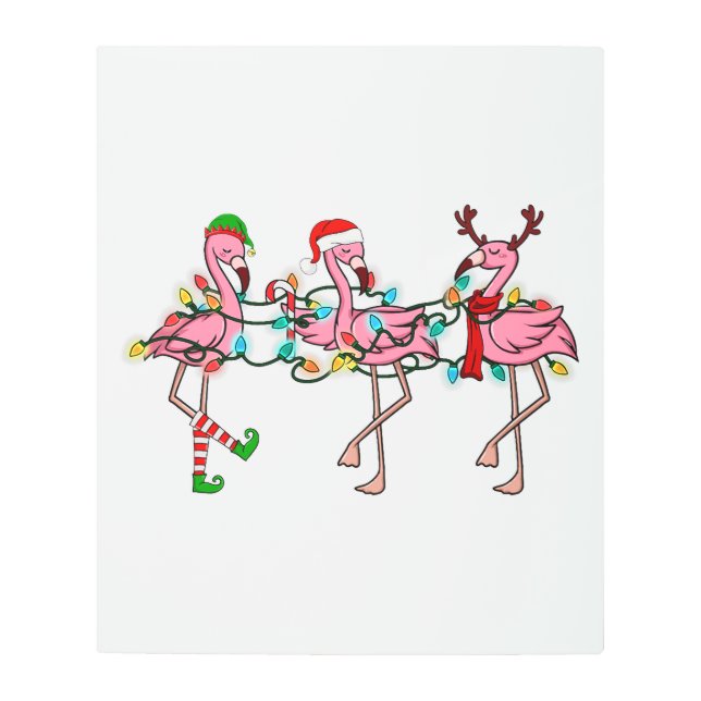 Christmas Lights Pink Flamingo Santa Hat Holiday X Metal Print (Front)