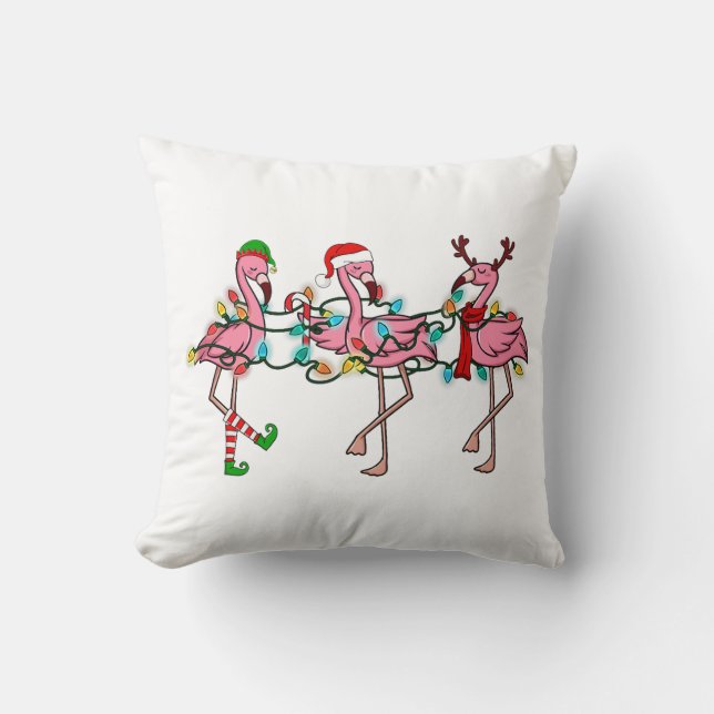 Christmas Lights Pink Flamingo Santa Hat Holiday X Throw Pillow (Front)