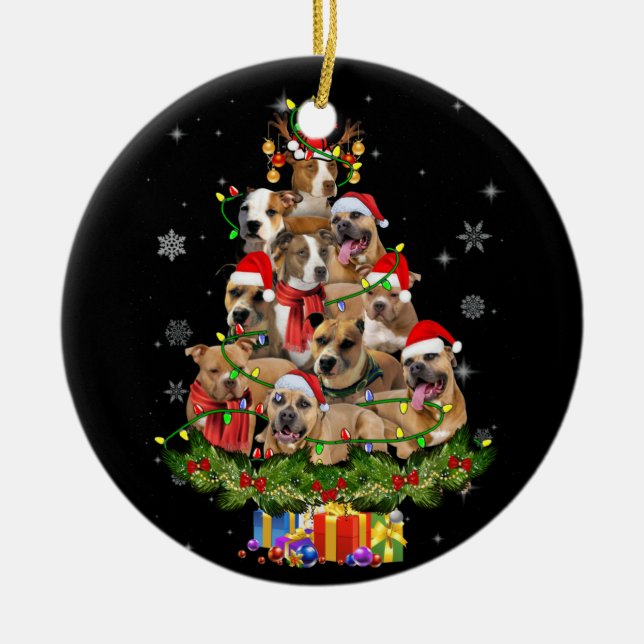 Christmas Lights Pitbull Santa Hat Tree Pitbull Ceramic Ornament (Front)
