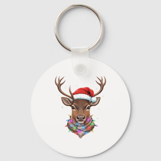 Christmas Lights Reindeer Santa Hat Cute Xmas Paja Keychain (Front)