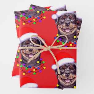 Christmas Lights Santa Rottweiler Pet Dog Funny Wrapping Paper Sheets