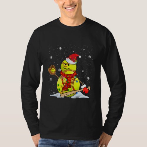 Christmas Lights Santa Snowman Playing Softball  T_Shirt