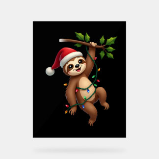 Christmas Lights Sloth Wearing Xmas Hat - Sloth Lo Acrylic Sign