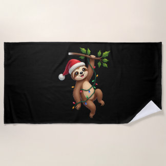 Christmas Lights Sloth Wearing Xmas Hat - Sloth Lo Beach Towel