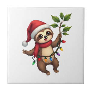Christmas Lights Sloth Wearing Xmas Hat - Sloth Lo Ceramic Tile
