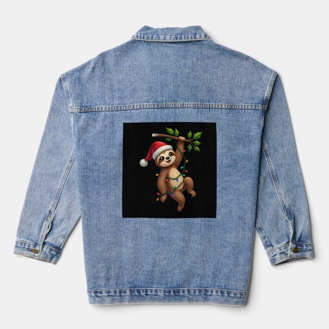Christmas Lights Sloth Wearing Xmas Hat - Sloth Lo Denim Jacket (Back)