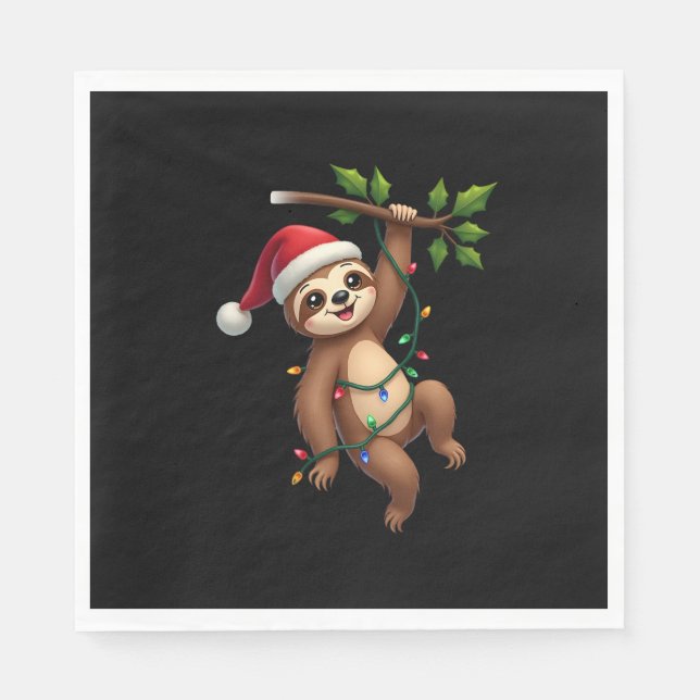 Christmas Lights Sloth Wearing Xmas Hat - Sloth Lo Napkins (Front)