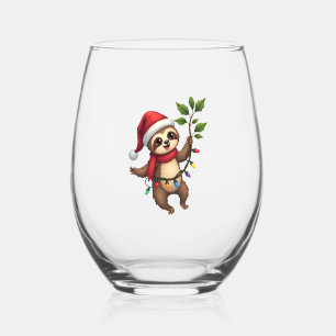 Christmas Lights Sloth Wearing Xmas Hat - Sloth Lo Stemless Wine Glass