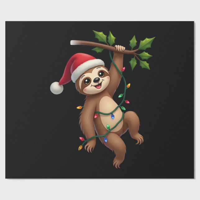 Christmas Lights Sloth Wearing Xmas Hat - Sloth Lo Wrapping Paper (Flat)