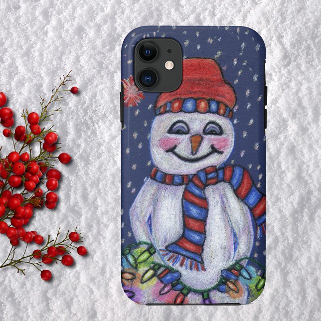 Christmas Lights Smiling Snowman Case-Mate iPhone Case (Happy snowman holding bright Christmas lights red hat snow on dark blue phone case.)