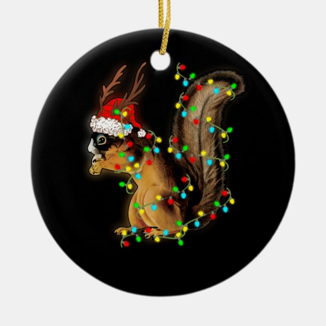 Christmas Lights Squirrel With Santa Hat Ceramic Ornament (Front)