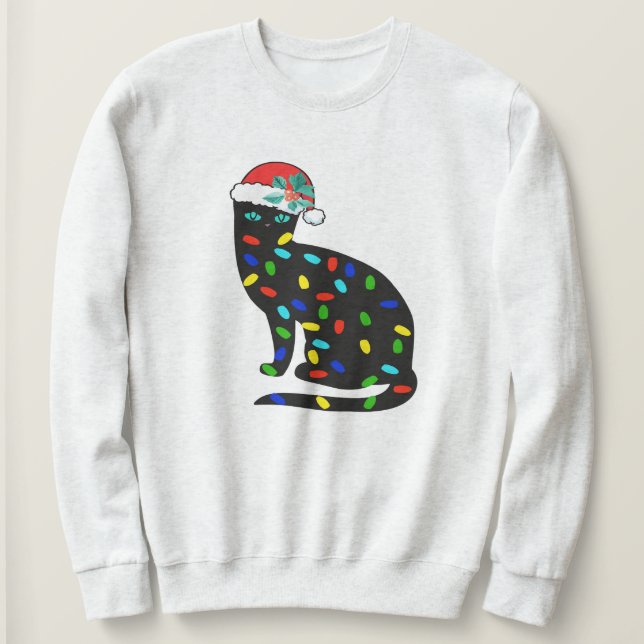 Christmas Lights Sweatshirt, Playful Cat Colorful  Sweatshirt (Design Front)