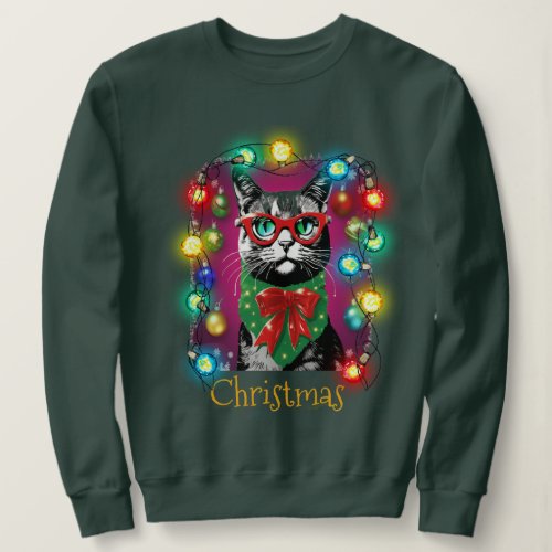 Christmas Lights Sweatshirt Playful Cat Colorful  Sweatshirt