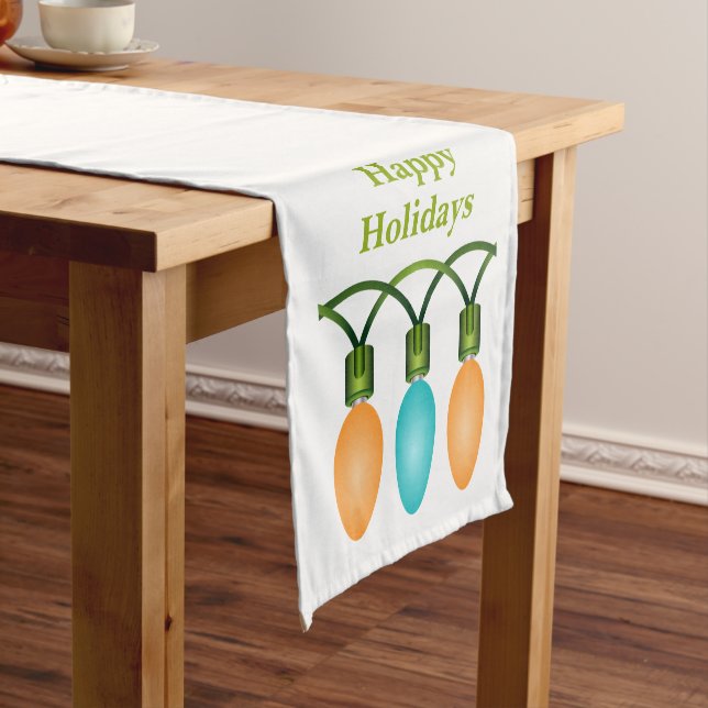Christmas Lights Trio Orange and Blue Custom Text Short Table Runner (In Situ)