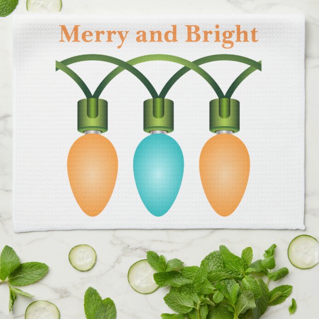 Christmas Lights Trio Orange and Blue Kitchen Towel (Folded)