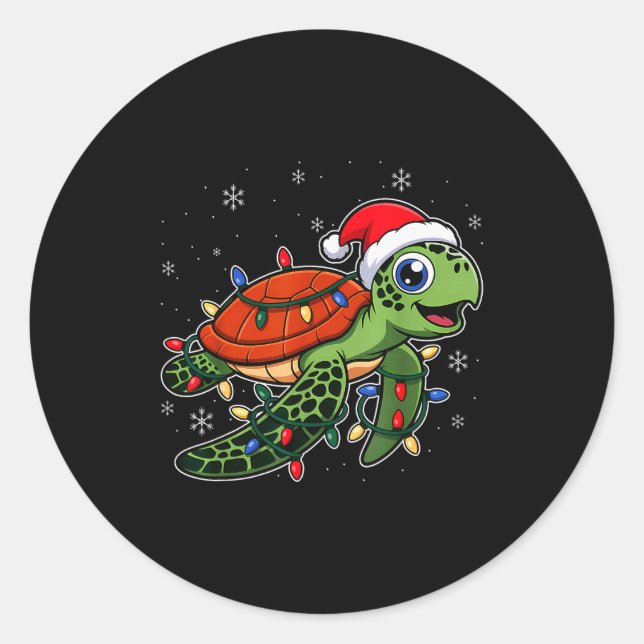Christmas Lights Turtle Wearing Xmas Hat - Lover  Classic Round Sticker (Front)