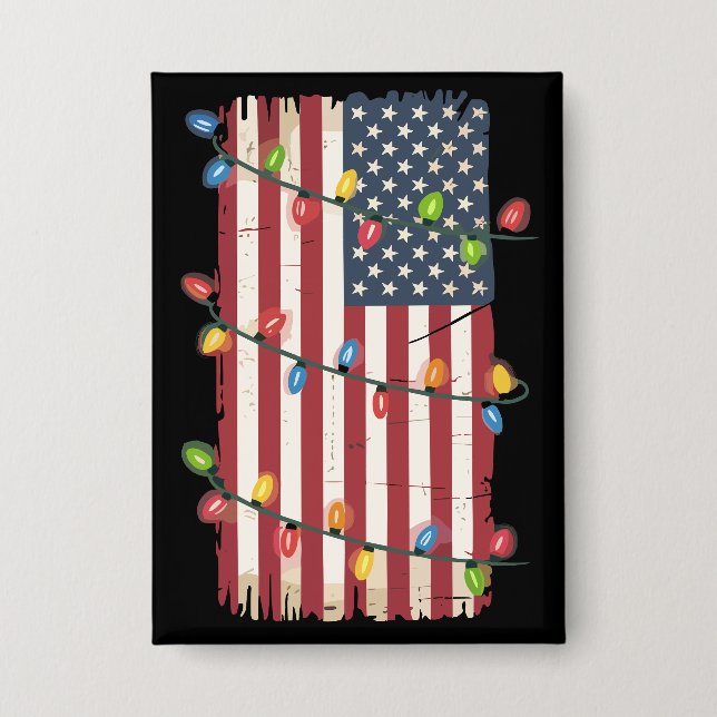 Christmas Lights USA Flag Patriotic Veteran Xmas Button (Front)