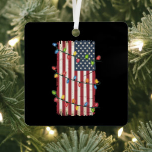 Christmas Lights USA Flag Patriotic Veteran Xmas Metal Ornament