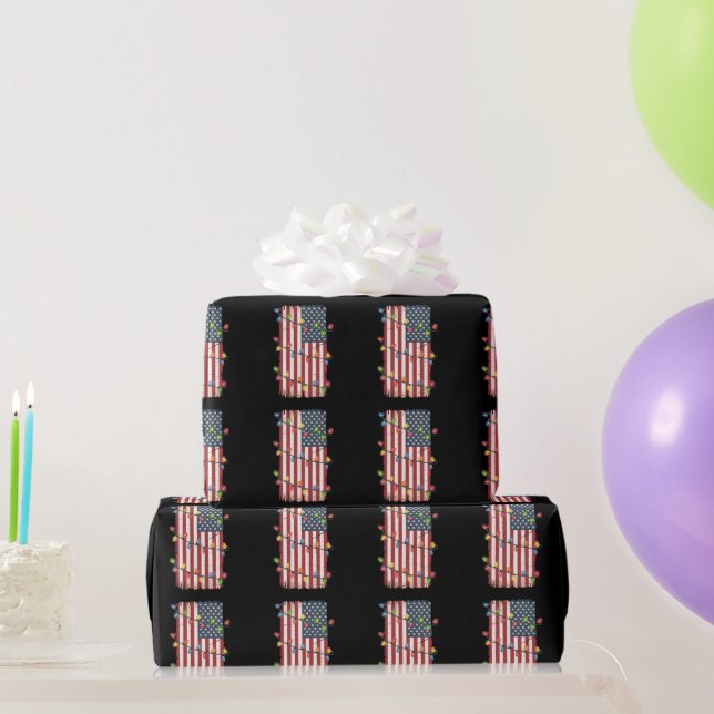 Christmas Lights USA Flag Patriotic Veteran Xmas Wrapping Paper (Party Gifts)