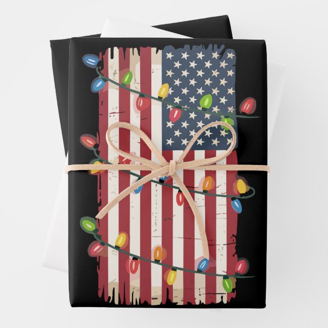 Christmas Lights USA Flag Patriotic Veteran Xmas Wrapping Paper Sheets (In situ)