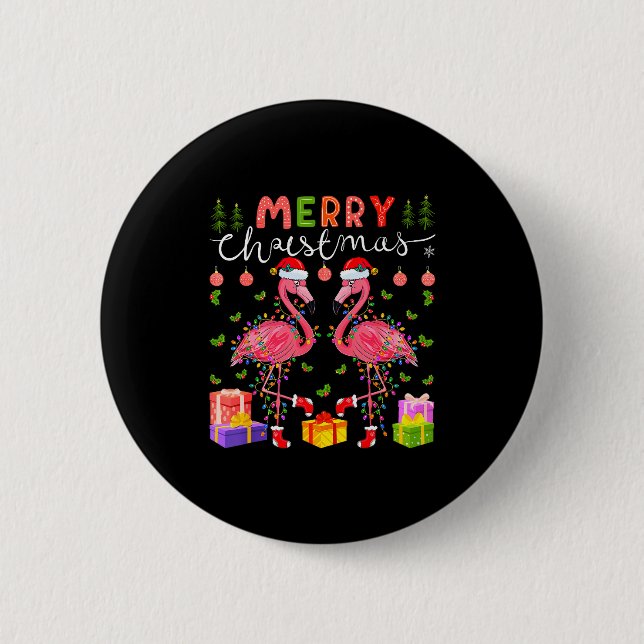 Christmas Lights Xmas Flamingo Lover Santa Hat Fla Button (Front)