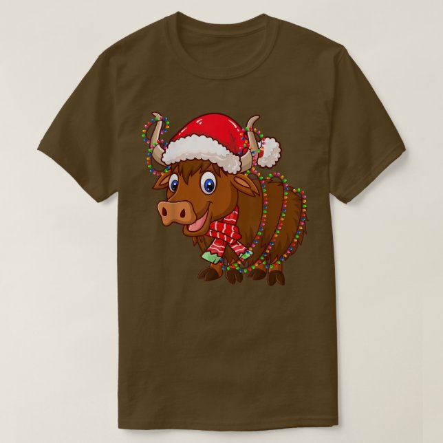 Christmas Lights Yak Wearing Xmas Hat  Yak Lover  T-Shirt (Design Front)