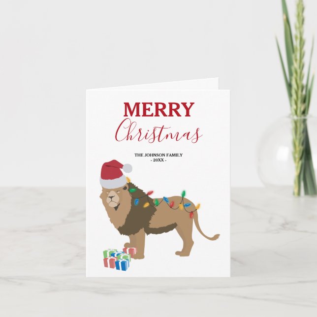 Christmas Lion Funny Animal with Santa Hat Card (Front)