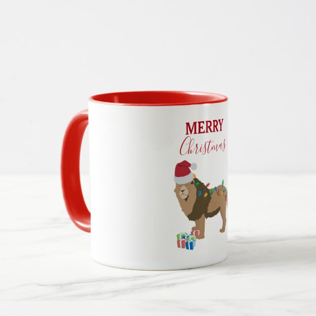 Christmas Lion Funny Animal with Santa Hat  Mug (Front Left)